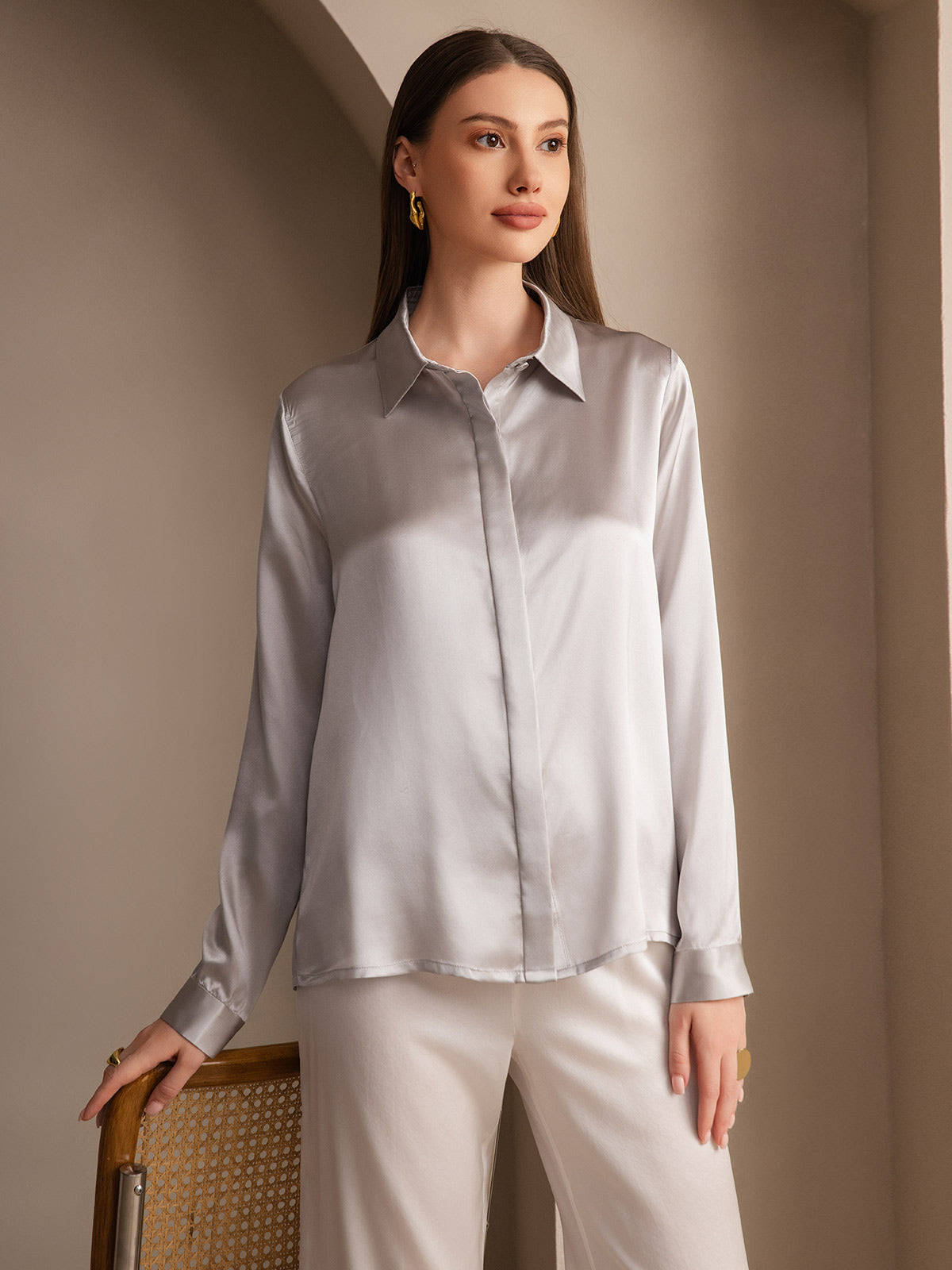 [Lysegrå] SilkSilky-NO 19Momme Silke Lapel Collar Skjorte for Kvinner 001
