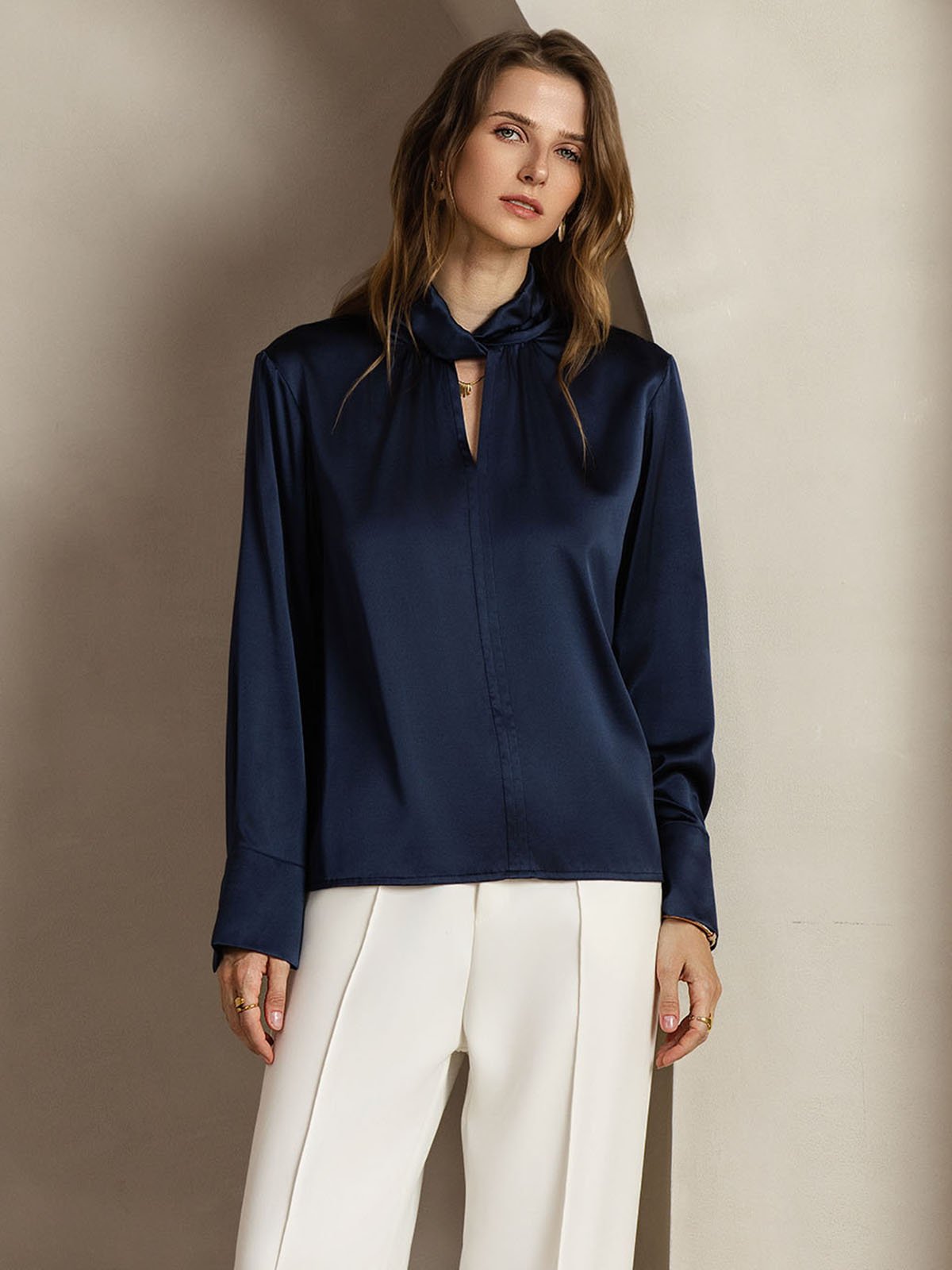 [Mørkeblå] SilkSilky-NO 19Momme Silke Womens Shirt 005
