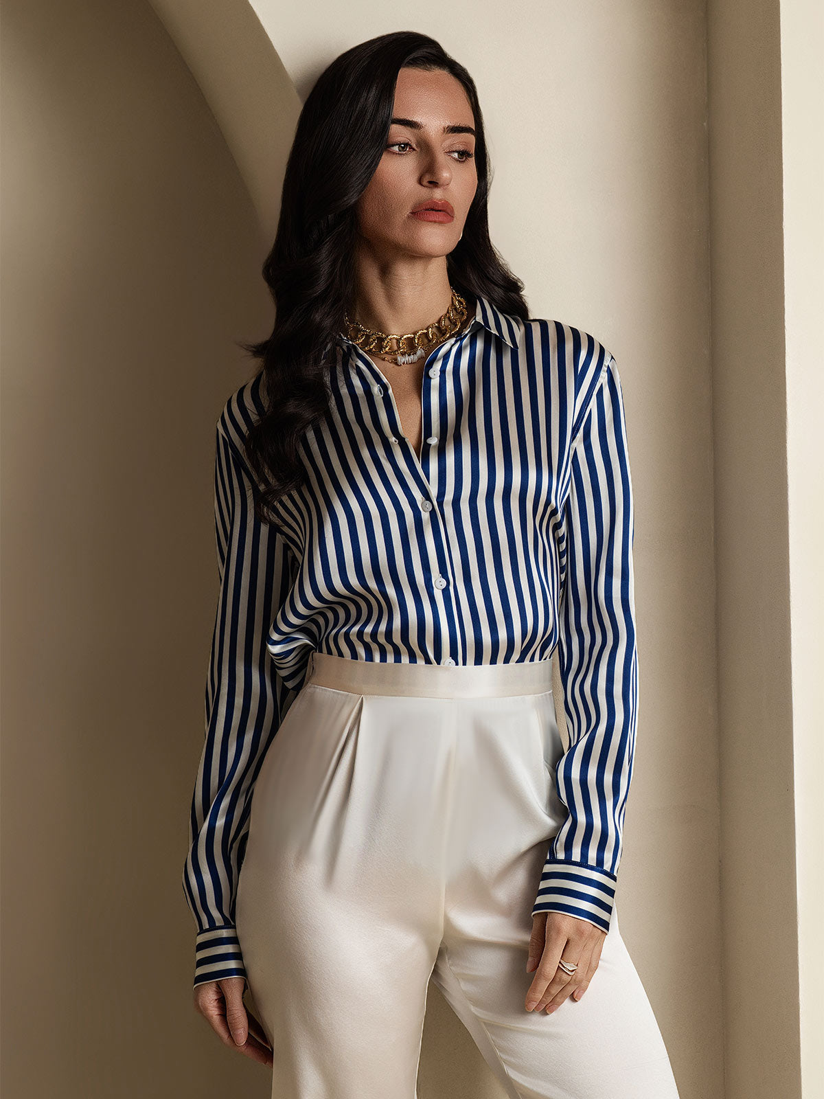 [Blå] SilkSilky-NO Silke Lapel Collar Skjorte for Kvinner 006