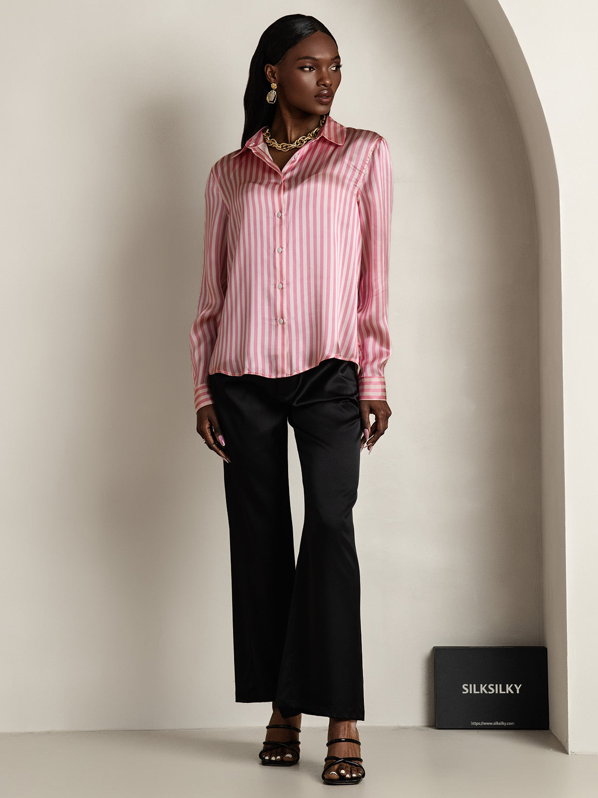 [Rosa Stripe] SilkSilky-NO 19Momme Langermet Slagkrage Skjorte for Kvinner 008