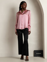 [Rosa Stripe] SilkSilky-NO Long Sleeve Lapel Collar Skjorte for Kvinner 008