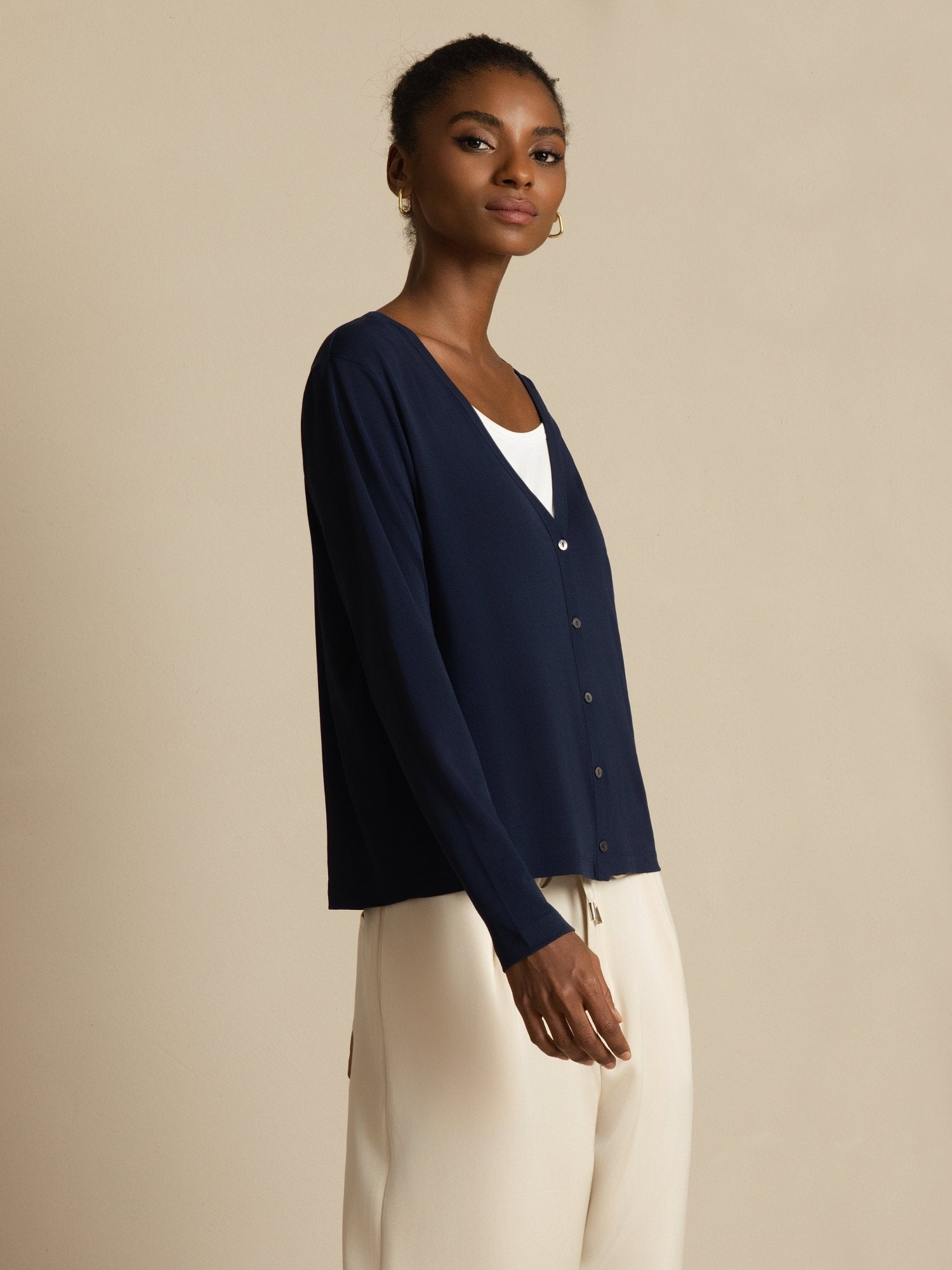 [Mørkeblå] SilkSilky-NO 19Momme Silke Langermet V Hals Dame Cardigan 006