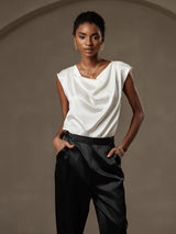 [Hvit] SilkSilky-NO Cap Sleeve Cowl Neck T-skjorte for Kvinner 003