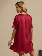 [Mørkerød] SilkSilky-NO Half Sleeve V Neck Nattkjole 002