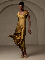 [Brun] SilkSilky-NO Cap Sleeve Scoop Neck Kjole 005