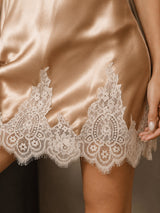 [Champagne] SilkSilky-NO Spaghetti Strap V Neck Nattkjole 004