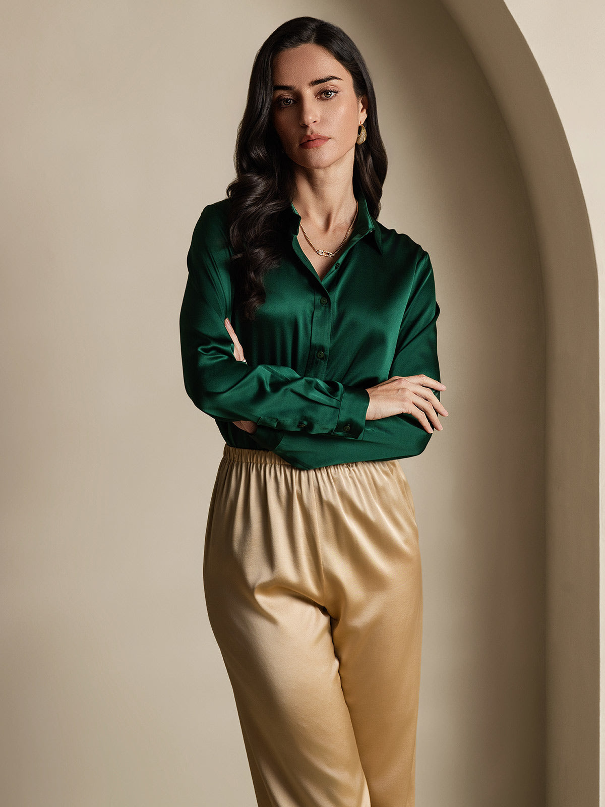 SilkSilky-NO 19Momme Silke Womens Shirt MørkGrønn 007