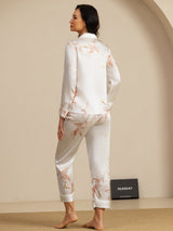 [Hvit] SilkSilky-NO 19Momme Langermet Notchkrage Pyjamas for Kvinner 002