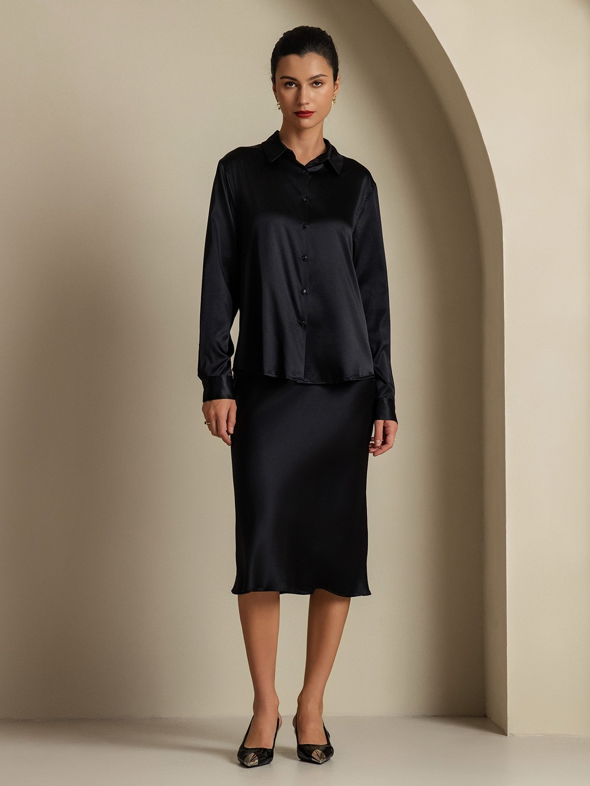 [Svart] SilkSilky-NO 19Momme Silke Womens Outfit Sets 003,