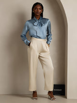 [Gråblå] SilkSilky-NO Long Sleeve Tie Neck Damebluser 005