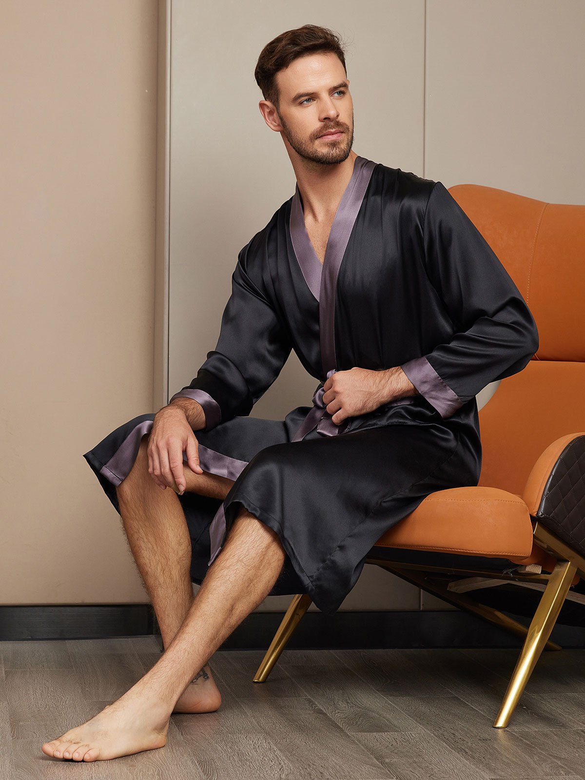 SilkSilky US Pure Silk Long Sleeve Mens Robe Black 004