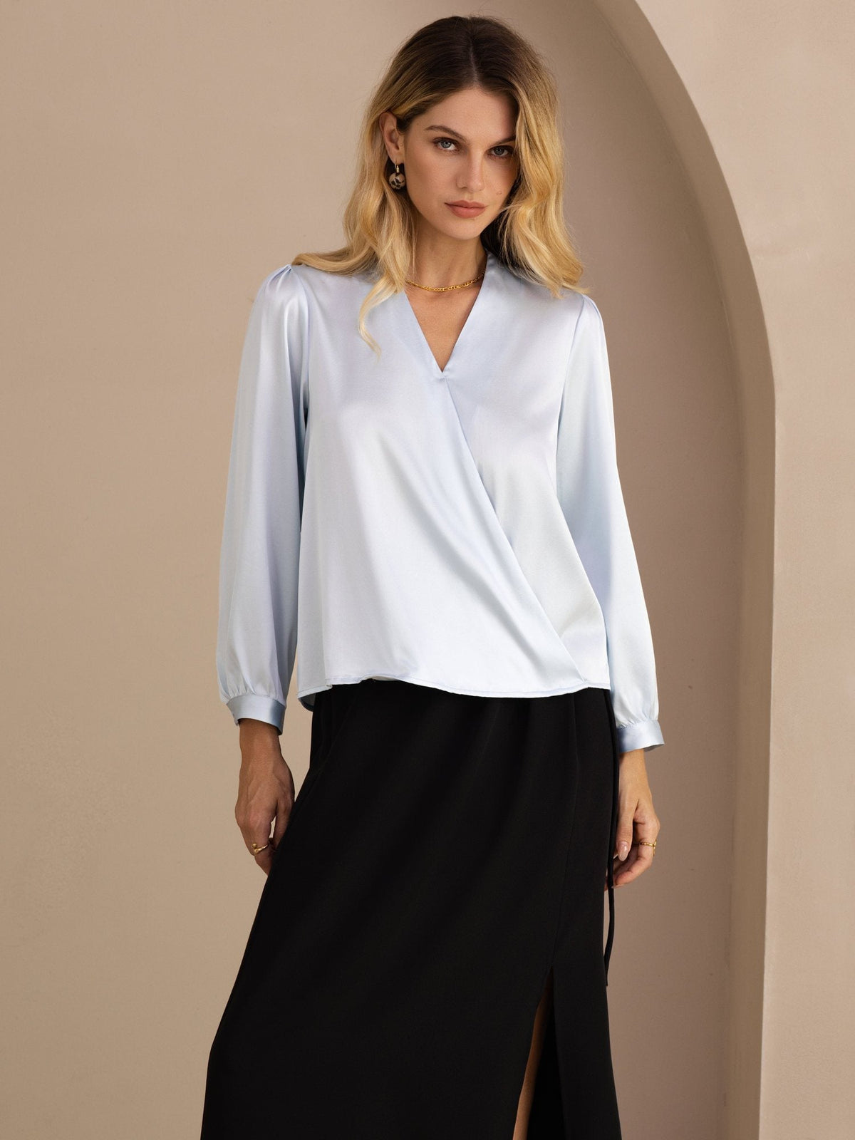[Lyse Blå] SilkSilky-NO Long Sleeve Wrap Damebluser 001