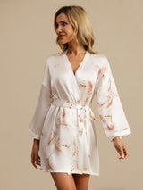 [Hvit] SilkSilky-NO 19Momme 3/4 erme Morgenkåpe for Kvinner 001