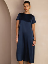 [Mørke blå] SilkSilky-NO Short Sleeve Round Neck Kjole 005