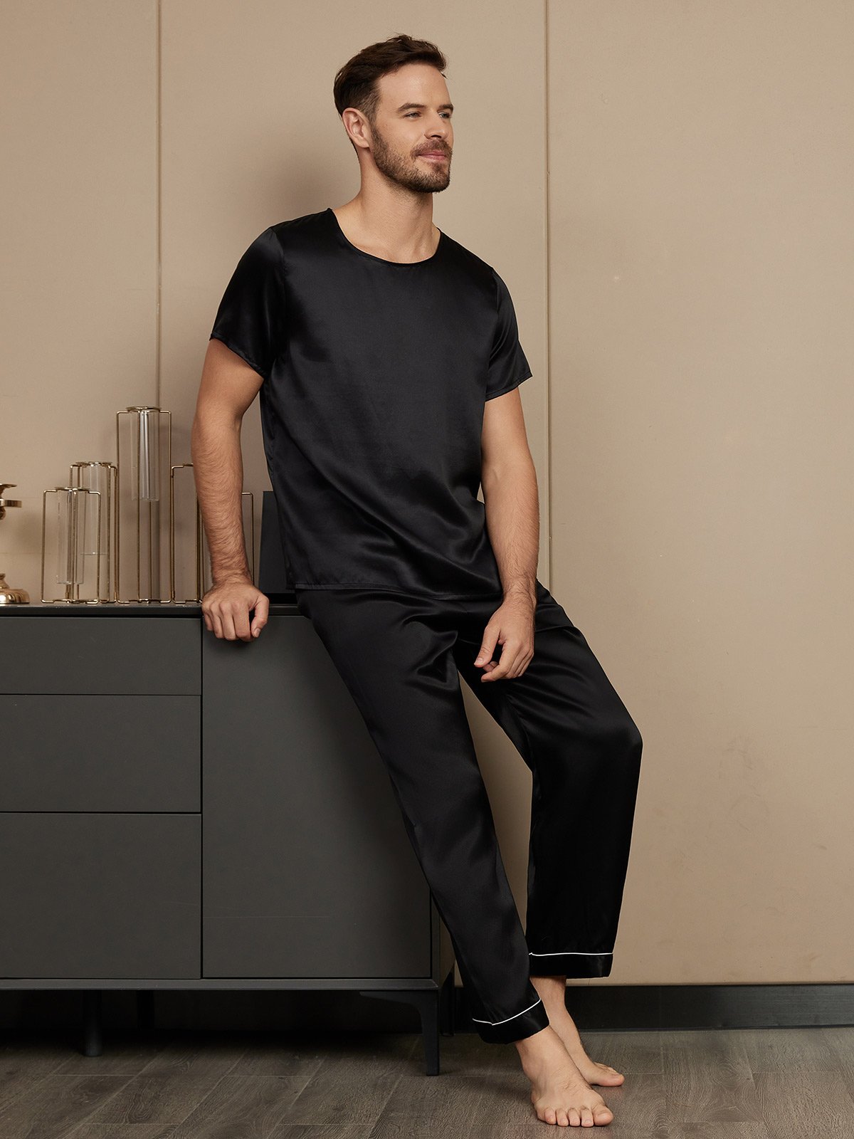 SilkSilky US Pure Silk Short Sleeve Round Neck Men's Pajamas Black 005