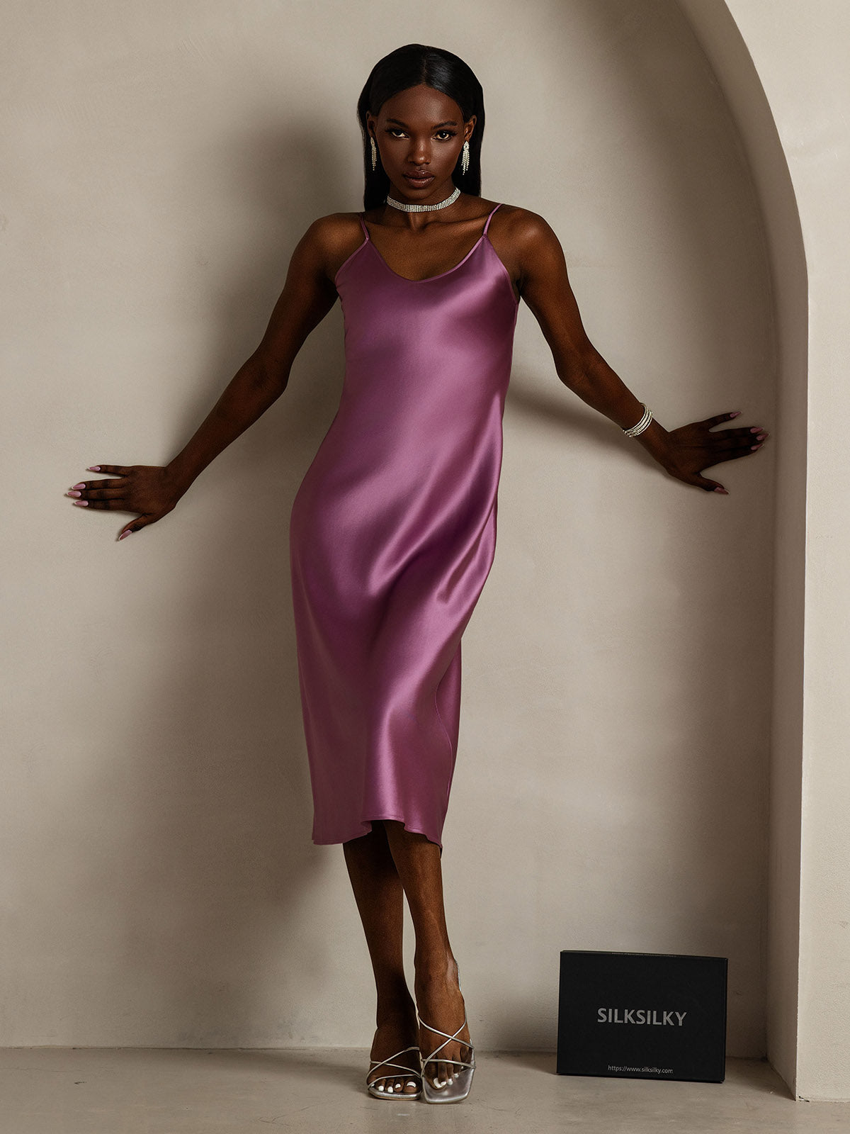 [Mørklilla] SilkSilky-NO Pure Silk Sleeveless Round Neck Kjole 004