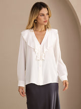 [Hvit] SilkSilky-NO Long Sleeve Deep V Neck Damebluser 001