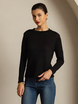[Svart] SilkSilky-NO Long Sleeve Crew Neck T-skjorte for Kvinner 001
