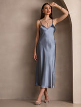 [Gråblå] SilkSilky-NO Spaghetti Strap V Neck Kjole 005