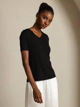 [Svart] SilkSilky-NO Short Sleeve V Neck T-skjorte for Kvinner 003