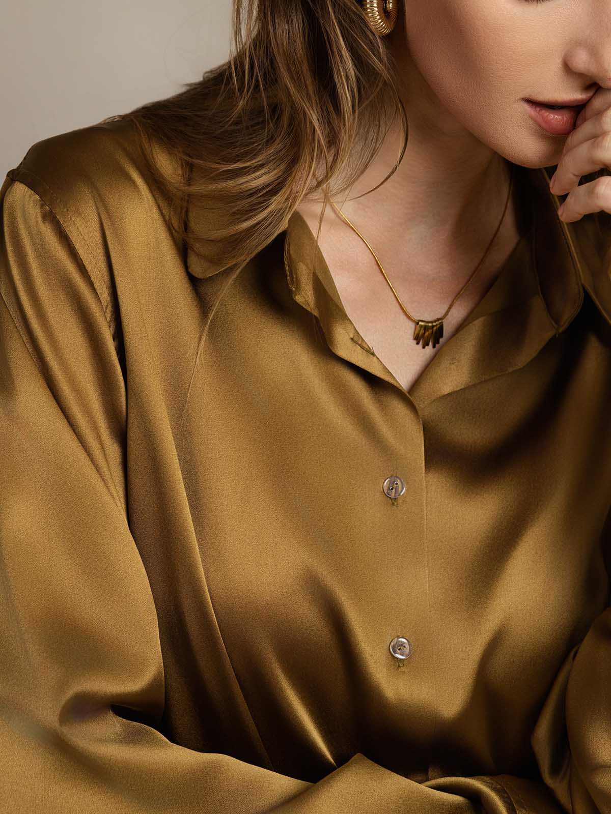 [Bronse] SilkSilky-NO Silke Lapel Collar Skjorte for Kvinner 005