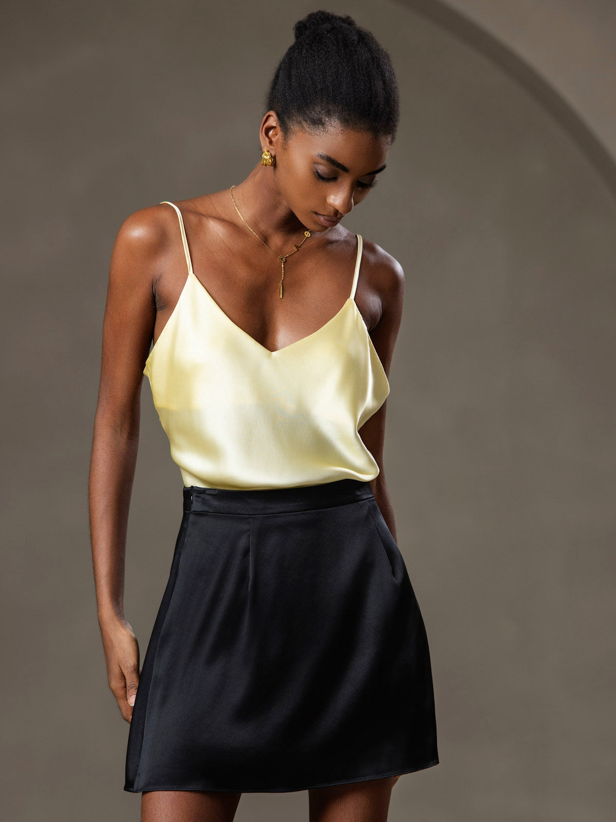 [Lys Gul] SilkSilky-NO V-Hals Camisole Topp 005