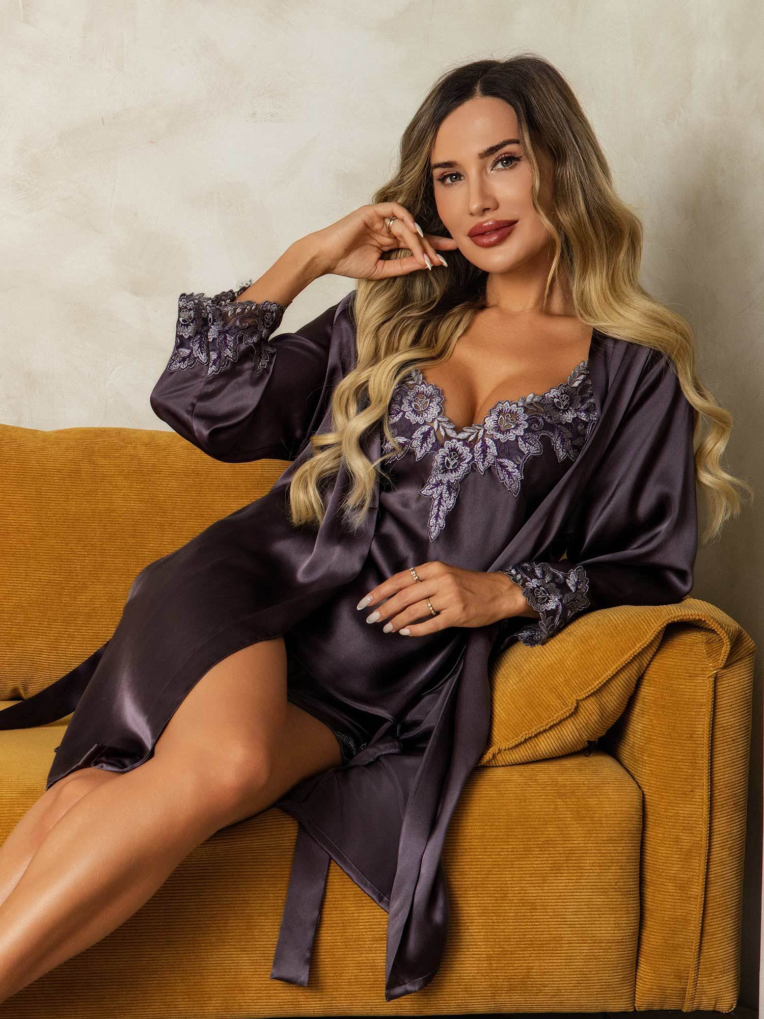 [Lilla Grå] SilkSilky-NO Silke Nightgown&Robe Set 005