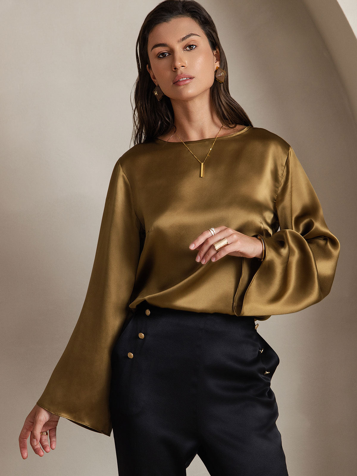 [Brun] SilkSilky-NO 19Momme Langermet Båtringning Bluse 001