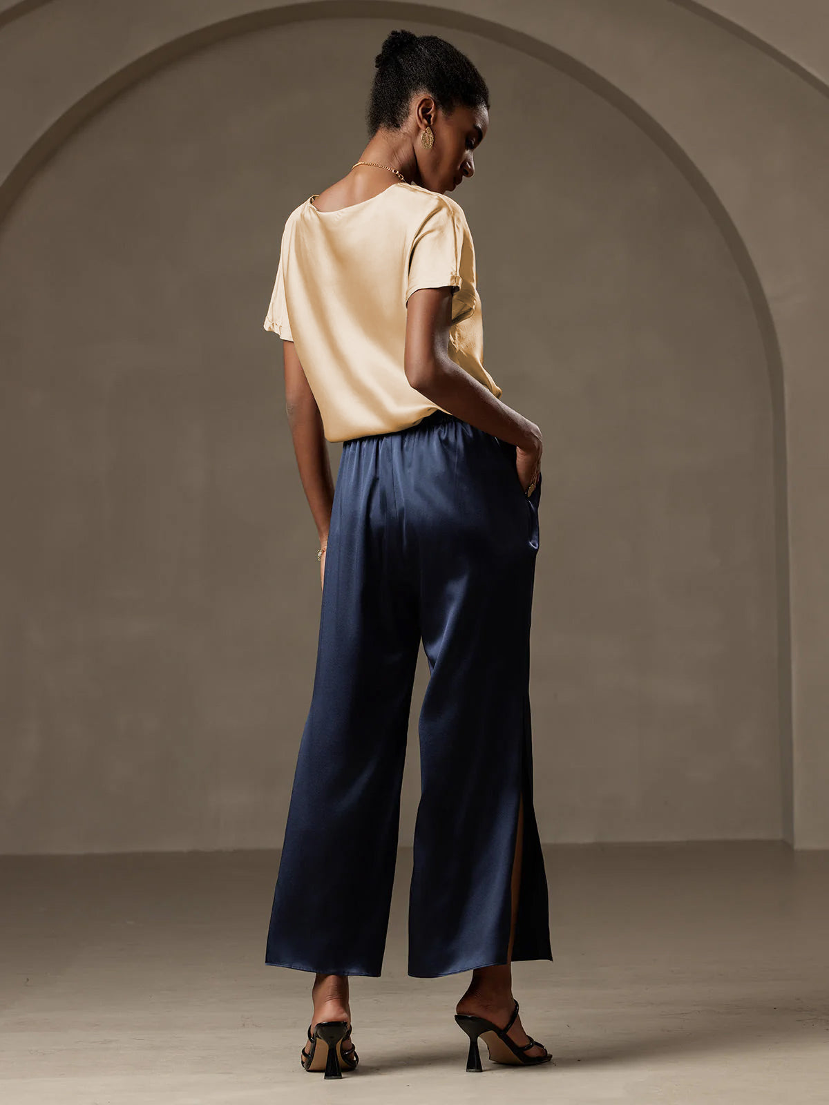 [Champagne] SilkSilky-NO 19Momme Silke Womens T-Shirt 006