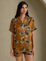 [Brun Løve] SilkSilky-NO Short Sleeve Notch Collar Pyjamas for Kvinner 001