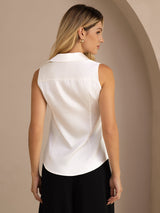 [Hvit] SilkSilky-NO Sleeveless Lapel Collar Skjorte for Kvinner 002