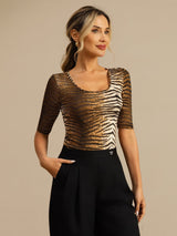 [Tiger] SilkSilky-NO Halv erme Dyp Rund Halsutringning T-skjorte for Kvinner 001