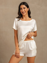 [Hvit] SilkSilky-NO 19Momme Kort erm Rund Hals Pyjamas for Kvinner 003