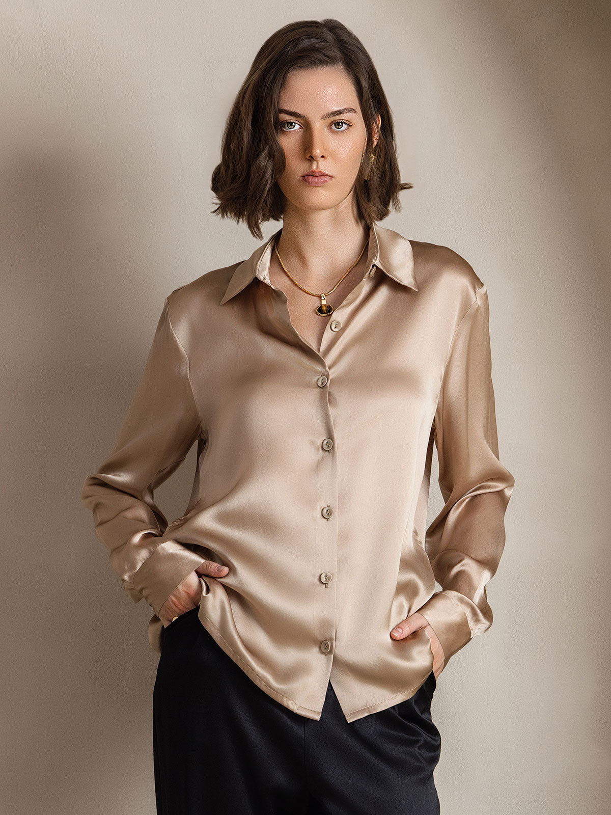 [Champagne] SilkSilky-NO Long Sleeve Lapel Collar Skjorte for Kvinner 001