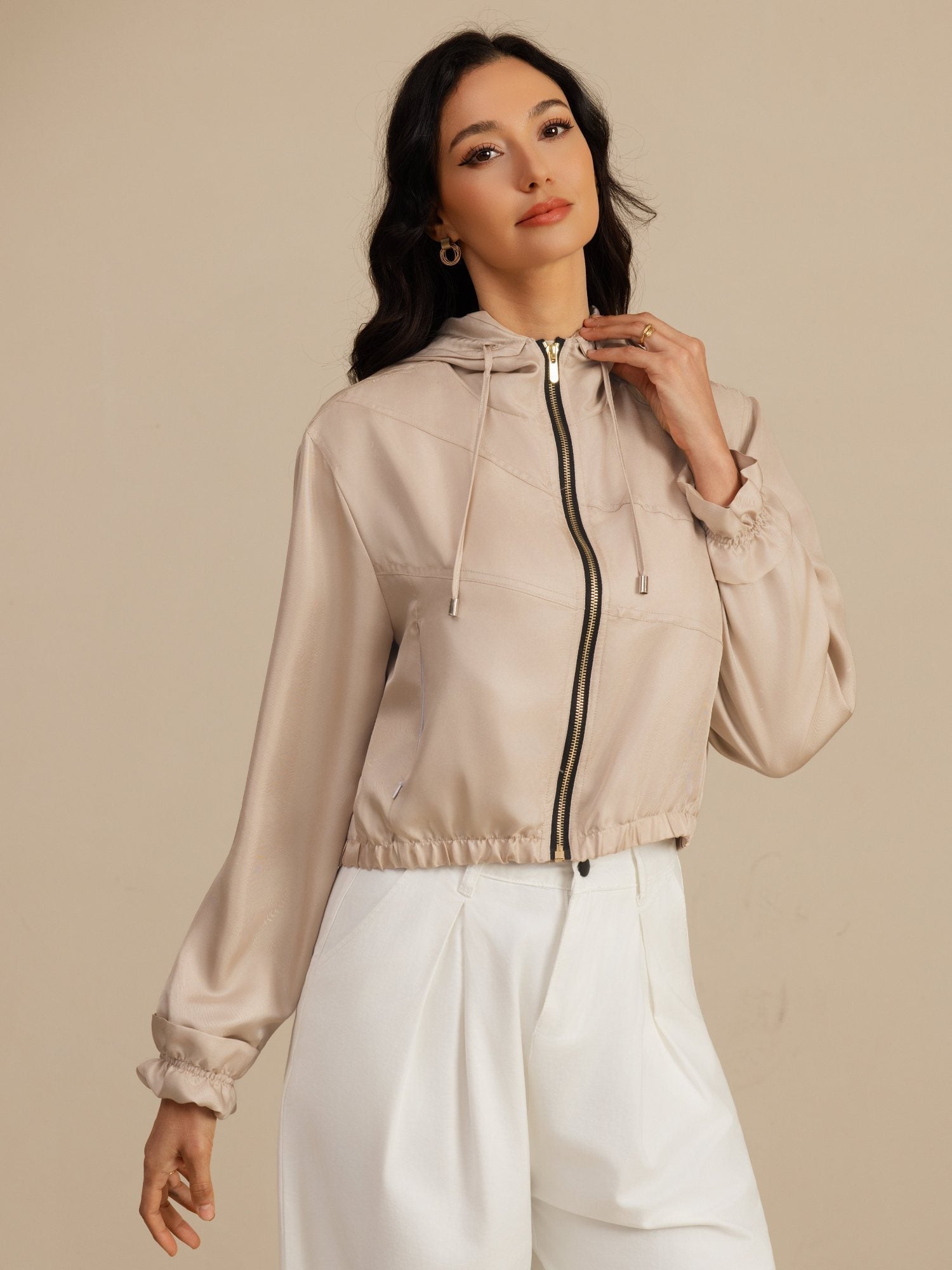 [Tan] SilkSilky-NO 18Momme Langermet Høy Hals Yttertøy for Kvinner 003