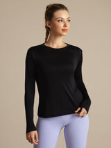 [Svart] SilkSilky-NO Langermet Tett Crew Neck T-skjorte for Kvinner 004