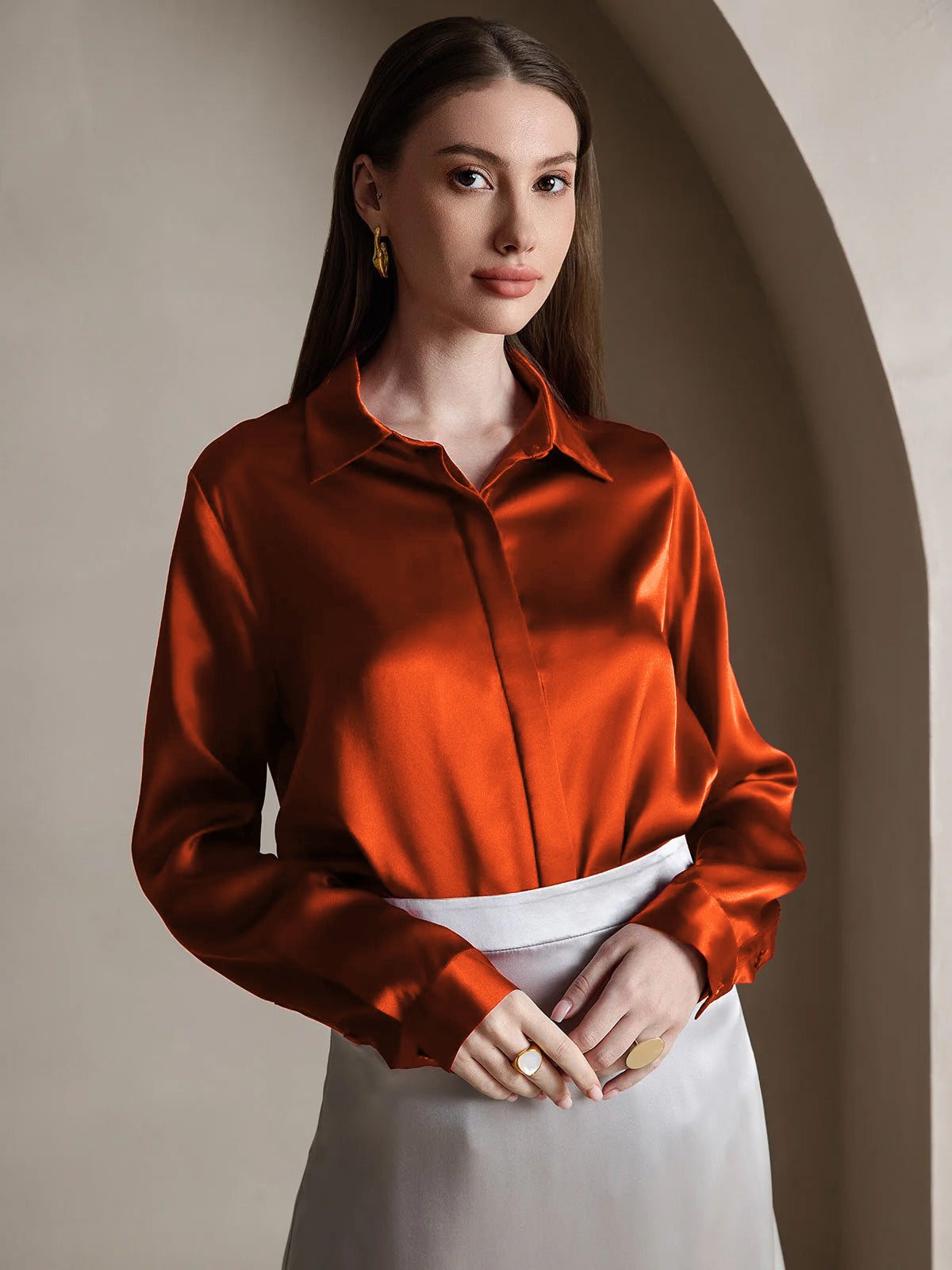 [Karamell] SilkSilky-NO 19Momme Silke Lapel Collar Skjorte for Kvinner 001