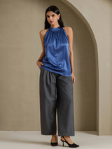 [Ekte Petrol] SilkSilky-NO Sleeveless Halterneck T-skjorte for Kvinner 006