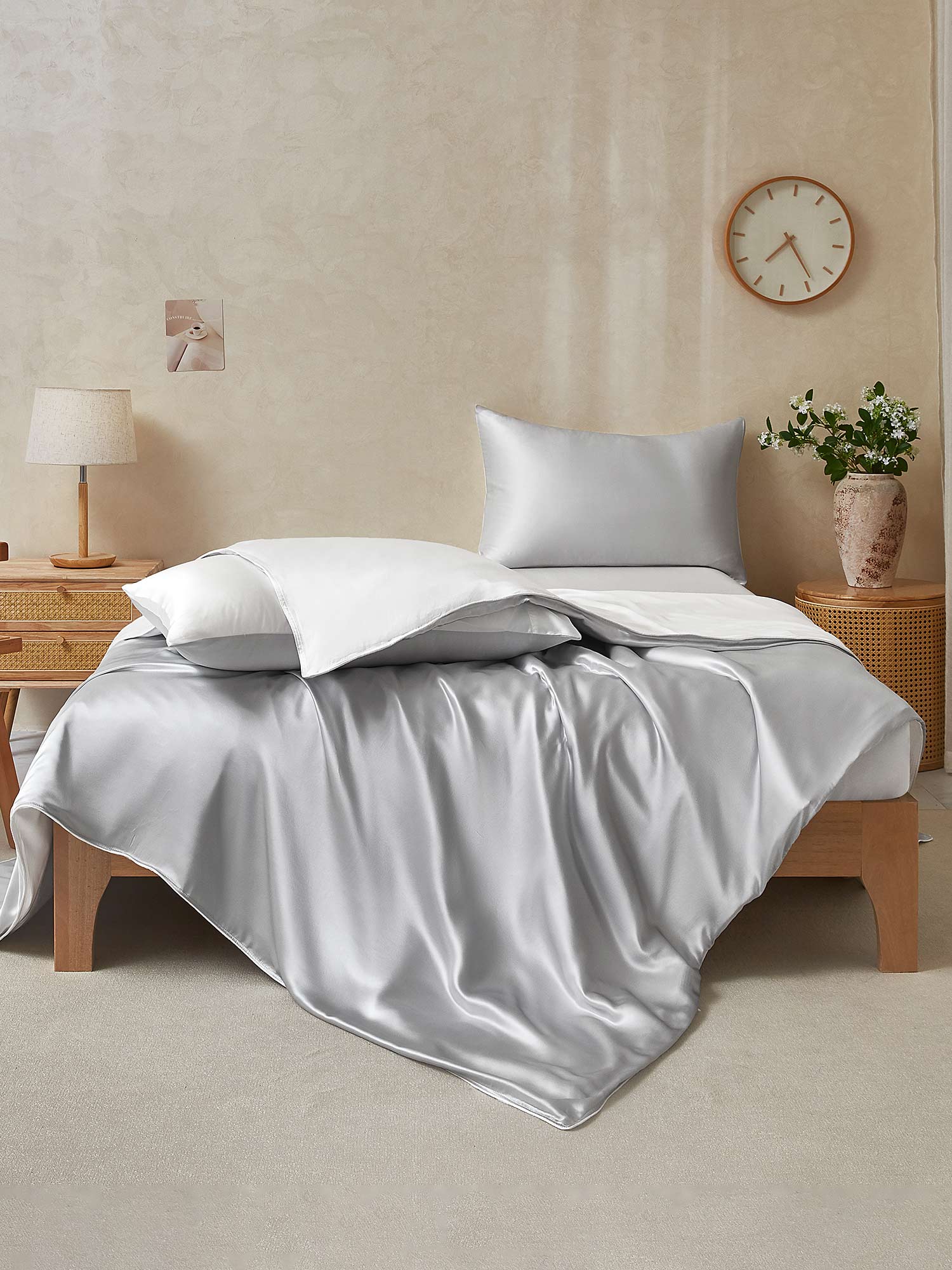 [Lysegrå+Hvit] SilkSilky-NO 25Momme Bedding Set 002,