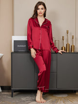 [Mørkerød] SilkSilky-NO Long Sleeve Lapel Collar Pyjamas for Kvinner 004