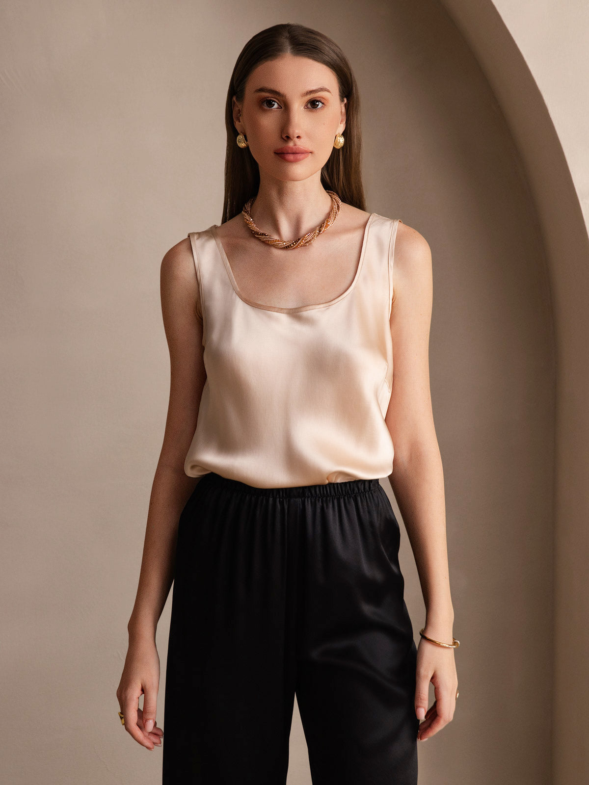 [Champagne] SilkSilky-NO 19Momme Silke U-hals Camisole Topp 006
