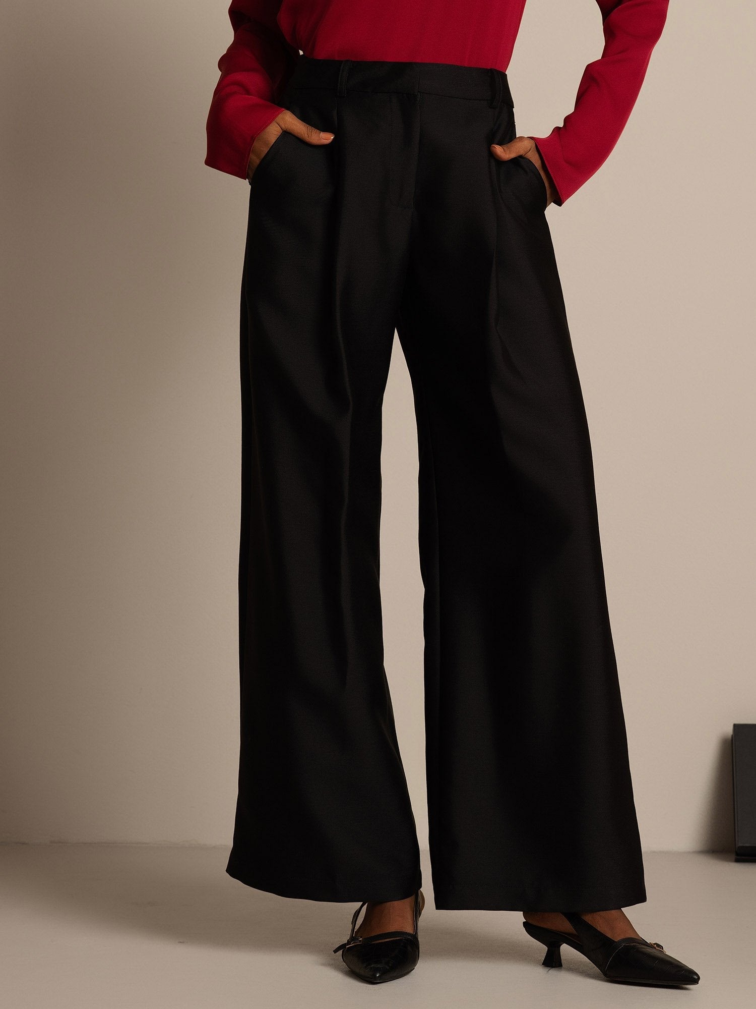 [Svart] SilkSilky-NO 32Momme Silk-Wool Blend Womens Pants 003,