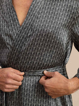 [Svart Ginkgo] SilkSilky-NO Long Sleeve V Neck Morgenkåpe for Menn 006