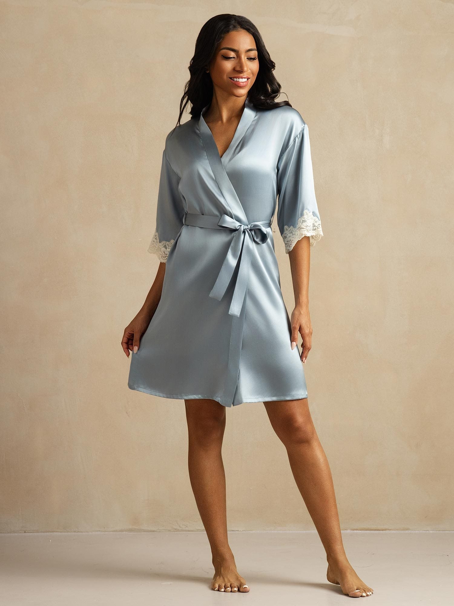 [Gråblå] SilkSilky-NO Silke Womens Robe 006