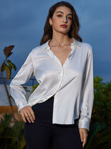 [Hvit] SilkSilky-NO Long Sleeve Lapel Collar Skjorte for Kvinner 001