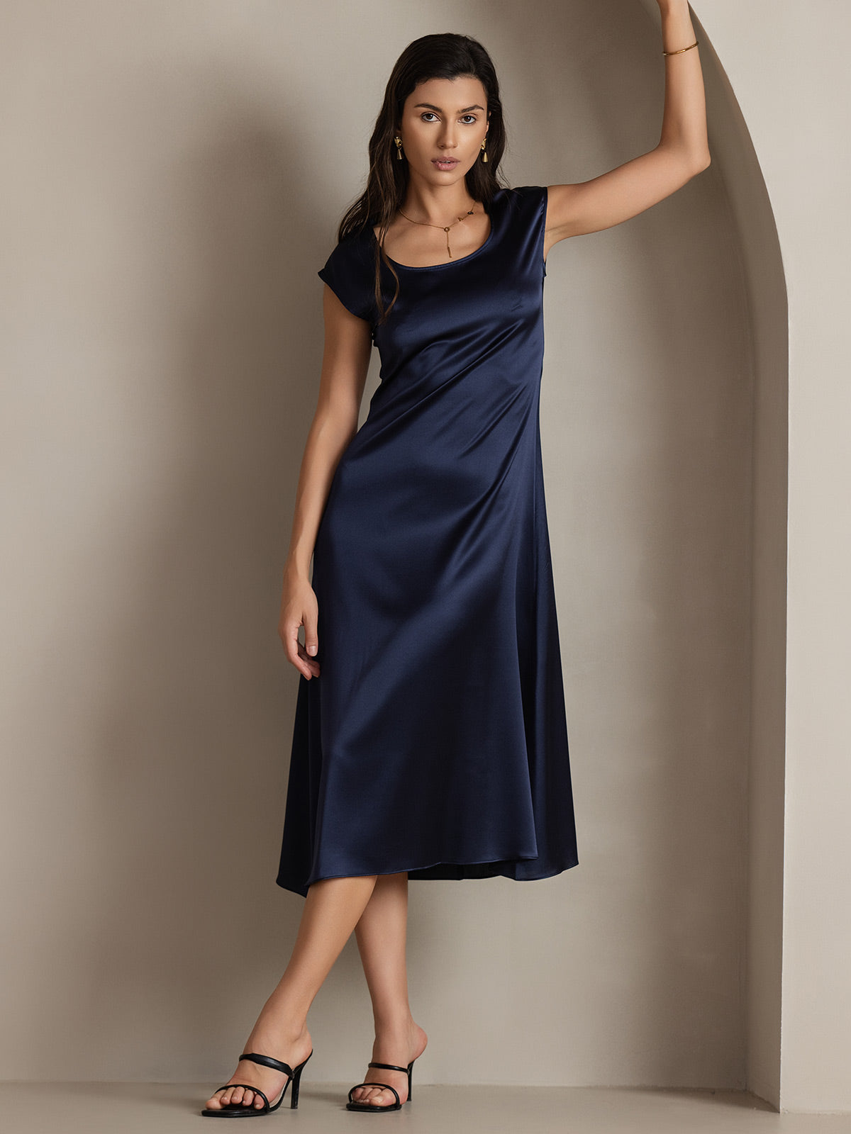 [Mørke blå] SilkSilky-NO 19Momme Silke Dress 003