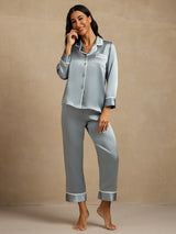 [Gråblå] SilkSilky-NO Long Sleeve Lapel Collar Pyjamas for Kvinner 006