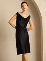 [Svart] SilkSilky-NO Sleeveless Cowl Neck Kjole 006