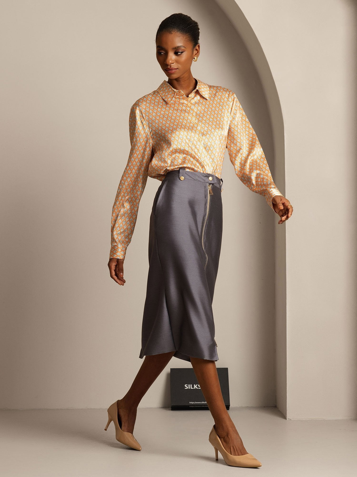 [Grå] SilkSilky-NO 32Momme Silk-Wool Blend Skirt 006,