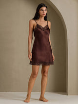 [Brun] SilkSilky-NO Spaghetti Strap V Neck Nattkjole 007